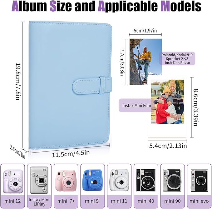 Riosin 108 Pockets Mini Album Compatible with Fujifilm Instax Mini film, Suitable for Instax Mini 12/11/7+/9/Evo/Link 2, 2x3"Photo Album for Canon ivy 2 Kpop Photocard(Pastel Blue)