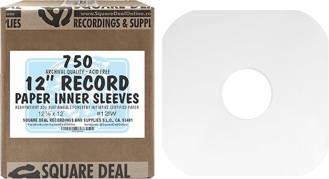 (750) Archival Quality Acid-Free Heavyweight Paper Inner Sleeves with Hole for 12" Vinyl Records - Durable 20# Paper - Easy Record Insertion - #12IW