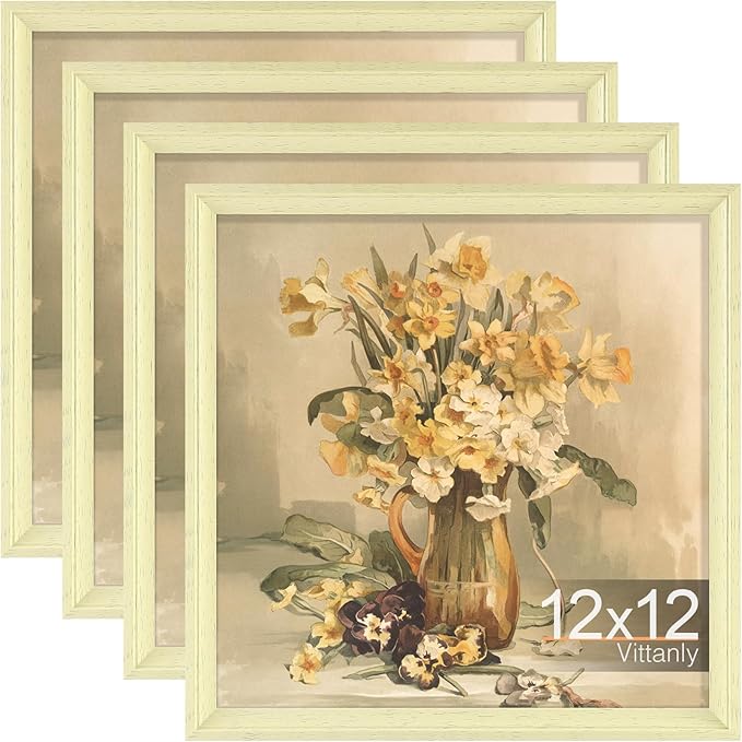 Vittanly 12x12 Picture Frame Set of 4, Vintage Photo Frame for Wall or Tabletop, Display 8x8 Pictures with Mat or 12x12 without Mat, Rustic Farmhouse Home Decor, Beige