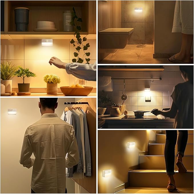 3 Pack Motion Sensor Stair Light for Indoor, Battery Operated Closet Lights, Wireless Stick on Anywhere Hallway Lamp, Portable Led Night Lamps for Bedroom Under Cabinet Kitchen