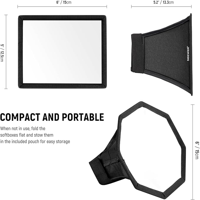 NEEWER Upgraded Flash Diffuser Speedlight Softbox Collapsible 2 Pack, (5.9"/15cm Octagon, 6"x5" Rectangular) for Z2 Z1 V1 Round Head Flashes and Compatible with Godox Sony Nikon Canon Flash, NS5P
