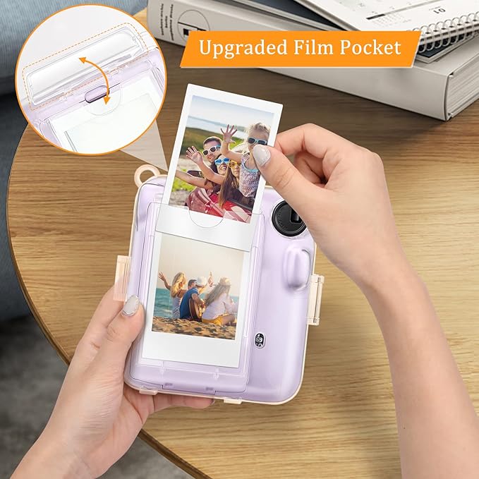Fintie Protective Clear Case for Fujifilm Instax Mini 12 Instant Camera - Crystal Hard Shell Cover with Upgraded Film Pocket for Storing Photos & Removable Shoulder Strap