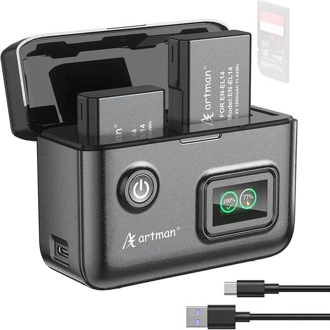 Artman EN-EL14 EN-EL14a Battery 1600mAh (2-Pack) and 2-Slot Charger with LCD Display for Nikon D3100 D3200 D3300 D3400 D3500 D5100 D5200 D5300 D5500 D5600 DF Coolpix P7000 P7100 P7700 P7800 Cameras