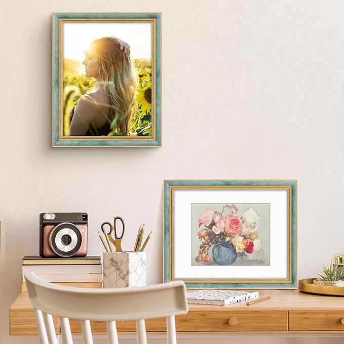 Golden State Art,11x14 Ornate Picture Frame for 8x10 Photo with Mat or 11 x 14 Prints Without Mat, Real Glass Wall Display Horizontally or Vertically (Color:Distressed Blue Gold)
