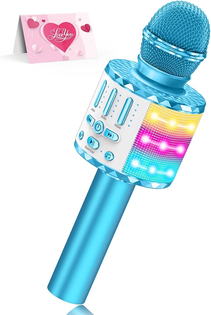 Karaoke Microphone Toys for Kids, Wireless Bluetooth Mic with Lights & Speaker, Portable Home KTV Player System, Perfect Birthday Party for 3-12 Year Old Boys & Girls