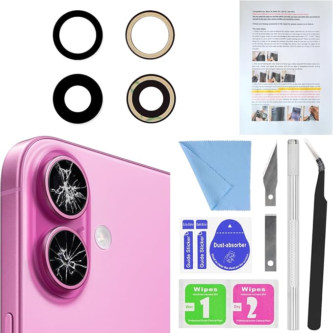 ASDAWN Back Rear Camera Lens Glass Replacement for iPhone 16 6.1 inch and 16 Plus 6.7 inch with Pre-Installed Adhesive, Back Lens Glass with Installation Manual + Repair Tool Set