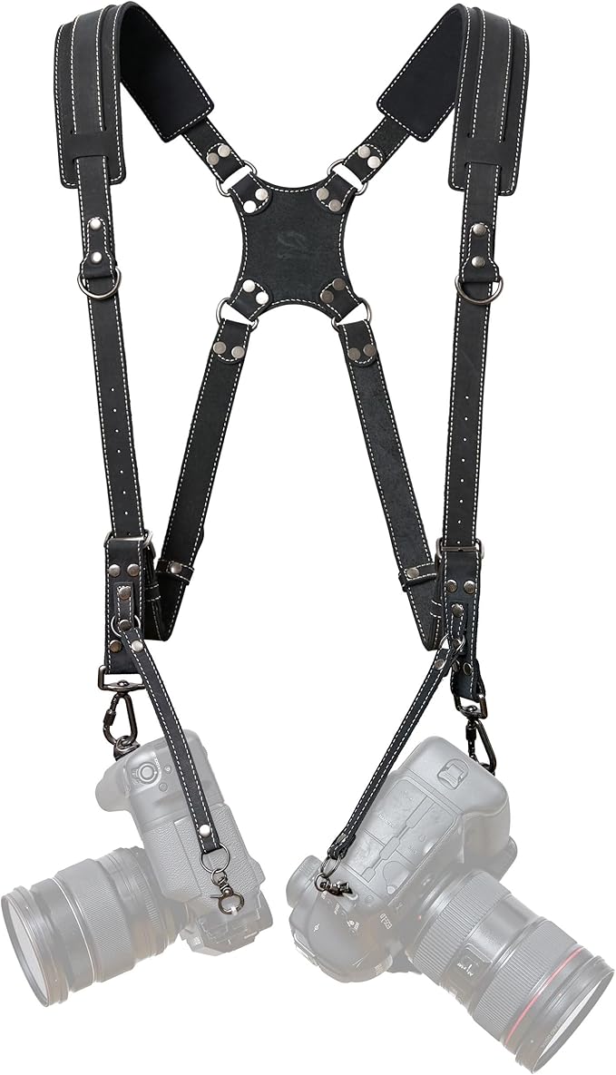 Padwa Lifestyle Black Frosted Dual Camera Harness Strap for Two-Cameras - Dual Shoulder Full Grain Leather Harness,Multi Double Camera Gear for DSLR/SLR Strap,Double Camera Harness for Photographers