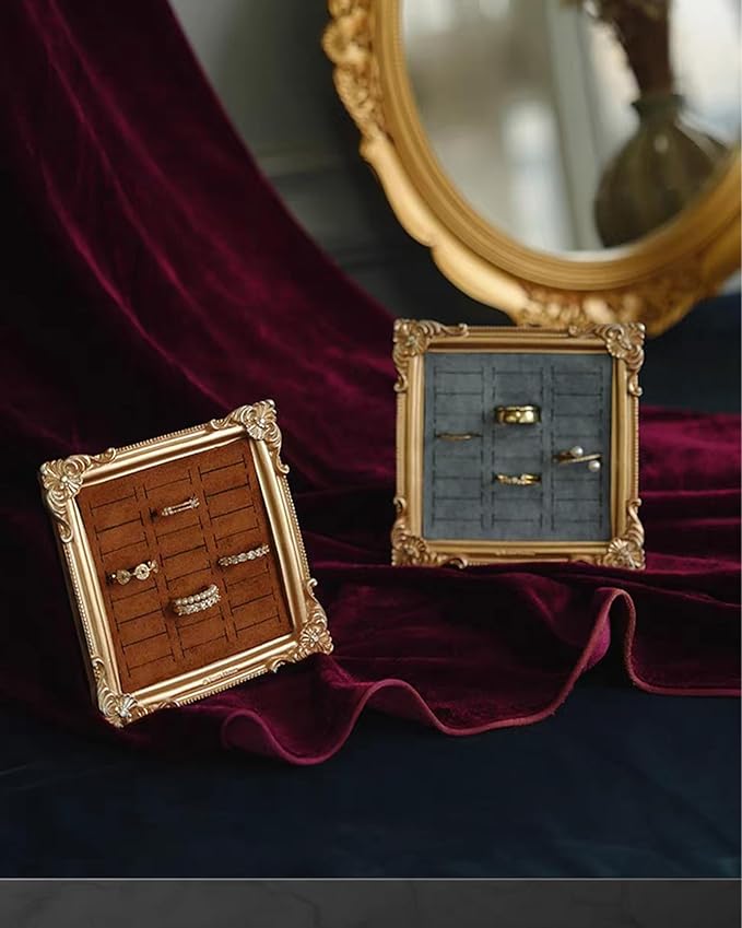 2PCS Jewelry Display Stand Vintage Ring Holder Box Earring Tray Retro Picture Frame Style Ring OrganizerJewelry Frame with Velvet