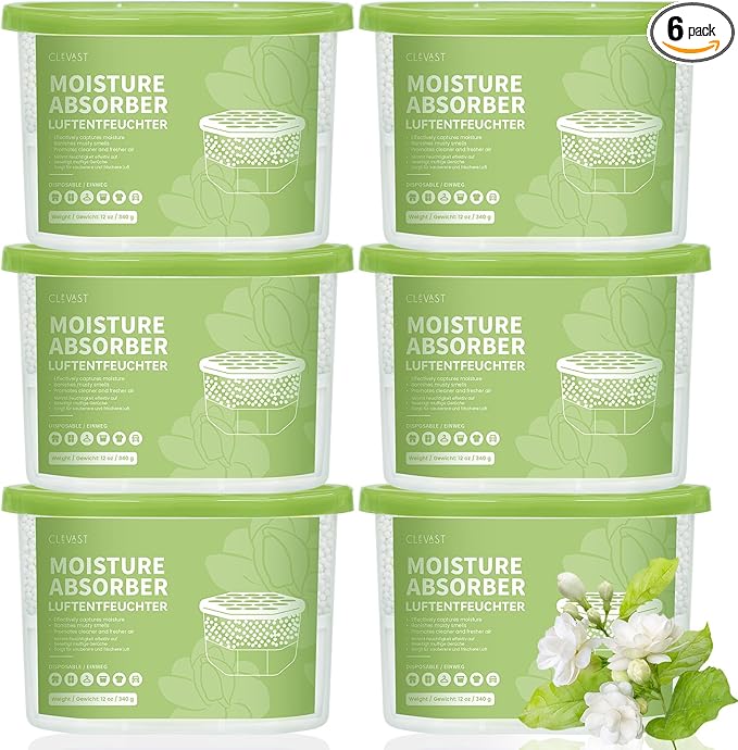 CLEVAST Moisture Absorber Boxes 6 Pack, 12 Oz Dehumidifier for Closet & Bathroom, Humidity Absorber for Wardrobe, Bedroom, RV & Car, Moisture Control, Jasmine Scented