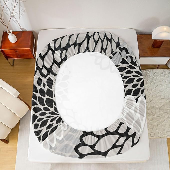 Erosebridal Aztec Dahlia Bed Sheets for Adult Women Girls Floral Sheet Set Full Size,Mexican National Flower Fitted Sheet Modern Floral Design Flat Sheet All Season Bedding Bedroom Decor, Black White