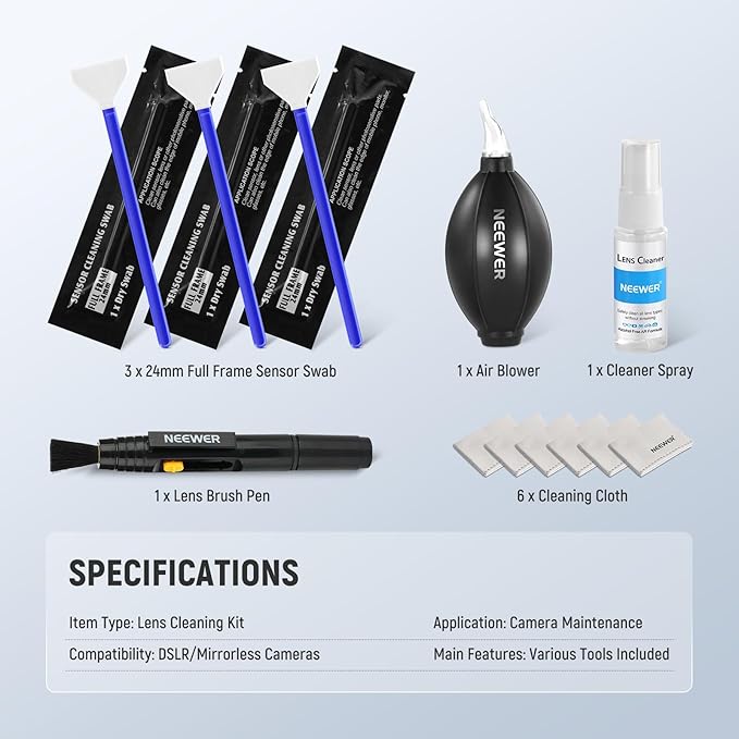 NEEWER 12 in 1 Camera Lens Cleaning Kit for Electronics, Phones, Tablets, 1x Lens Brush Pen + 1x Air Blower + 1x Cleaner Spray + 3X 24mm Full Frame Sensor Swab + 6X Cleaning Cloth, HM-49