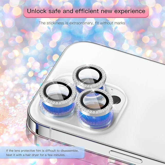 Camera Lens Protector Bling Compatible for iPhone 16 Pro/iPhone 16 Pro Max,9H Tempered Glass Camera Cover Screen Protector,HD Clear,Aluminum Alloy Ring Decoration (Diamond Silver)