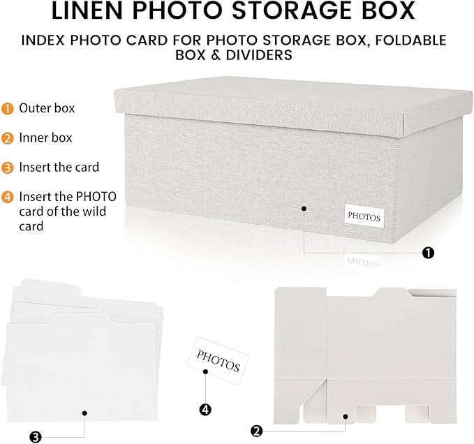 Himake Decorative Photo Storage Box - Linen Photo Box Organizers with Dividers, Fits Holds Up to 800 Photos in 8x10 inch Size, Portable Scrapbook Storage Containers with Lid (Beige)