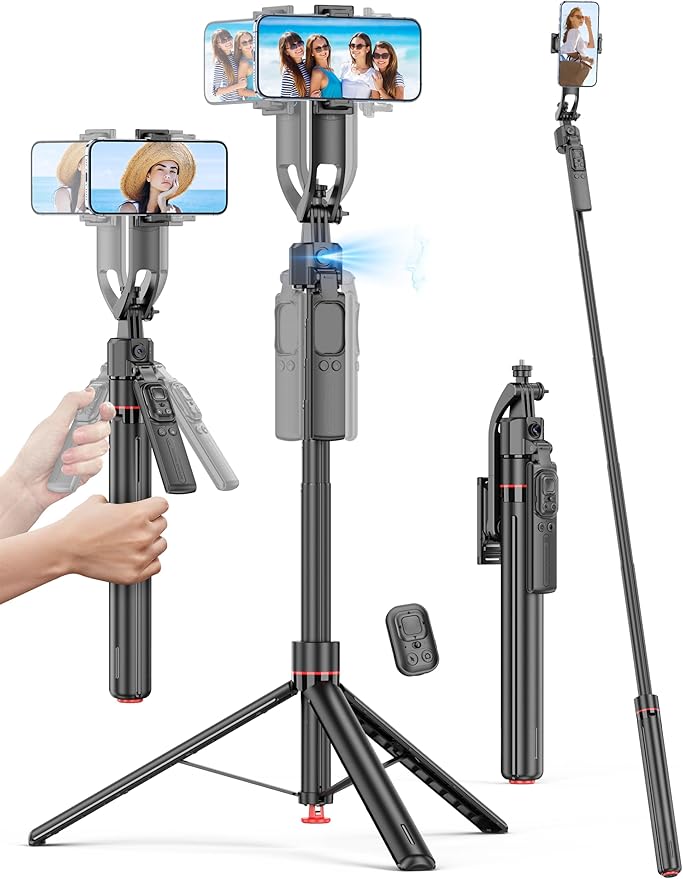 69'' Auto Face Tracking Selfie Stick Tripod Stand, Automatic Phone Tripod, Auto-Open Travel Tripods for iPhone/Cell Phone with Remote, Gesture Control, No App, Built-in AI Camera for Vlog Recording TK