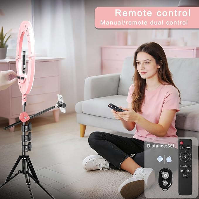 55W18 45cm Ring Light Kit [New Version] 6700K Dimmable LEDRinglightTripod Stand Dual Phone Holder for iPhone Selfie Makeup LashTattoo Studio Lighting Painting,Photo Video Recording (Pink)