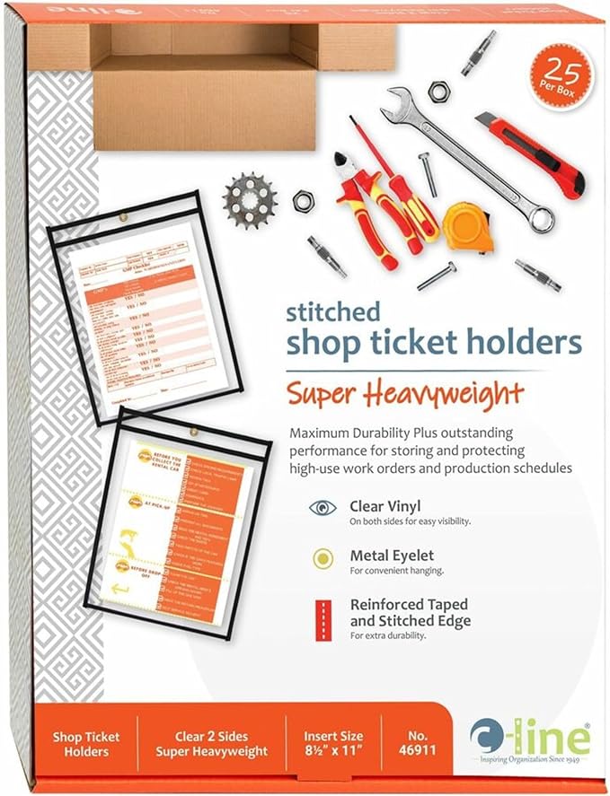 C-Line Stitched Shop Ticket Holders, Both Sides Clear, 8.5 x 11 Inches, 25 per Box (46911)