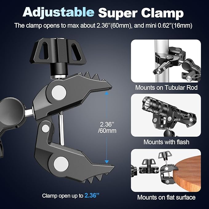 EMART Super Double Clamp Mount with Magic Arm, 360° Rotation Double Ball Head Umbrella Clamp, Perfect for Camera, Umbrella, Pole, Stand, Desk, Light, Motorcycle, Tripod, Chair, Crossbar, Flat Surface