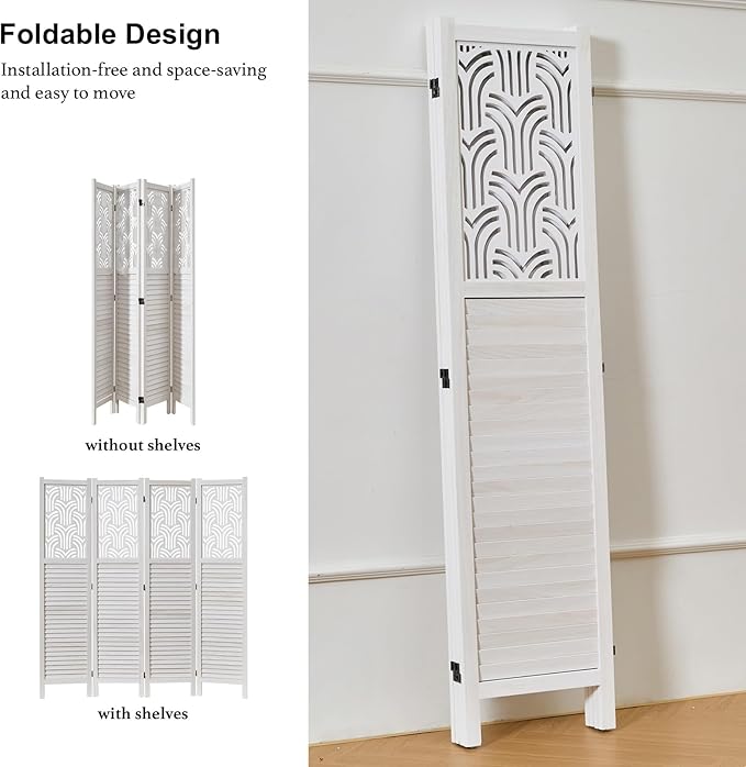 Folding Room Divider, 66.9 Inch 4 Panels Wood Carved Privacy Screens, Free Assembled Freestanding Portable Separation Wall for Home Office Restaurant Bedroom (White)