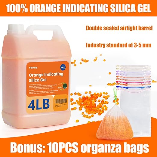 4LBS Desiccant Beads, Premium Orange Indicating Reusable Silica Gel Beads Bulk, Industry Standard 3-5 mm Desiccant Dehumidifier for 3D Filament, Electronic Devices, Camera, Documents, Safe (10PCS Bags