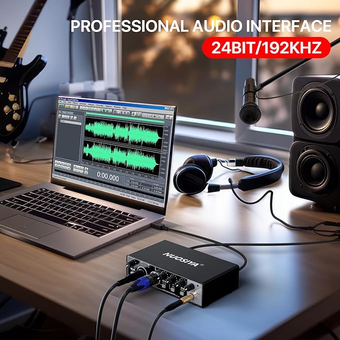 USB Audio Interface for PC Computer Recording Music, Guitar Audio Interface for Mac 24 Bit/192kHz Podcasting Streaming for Vocalist Producer with 48V Phantom Power
