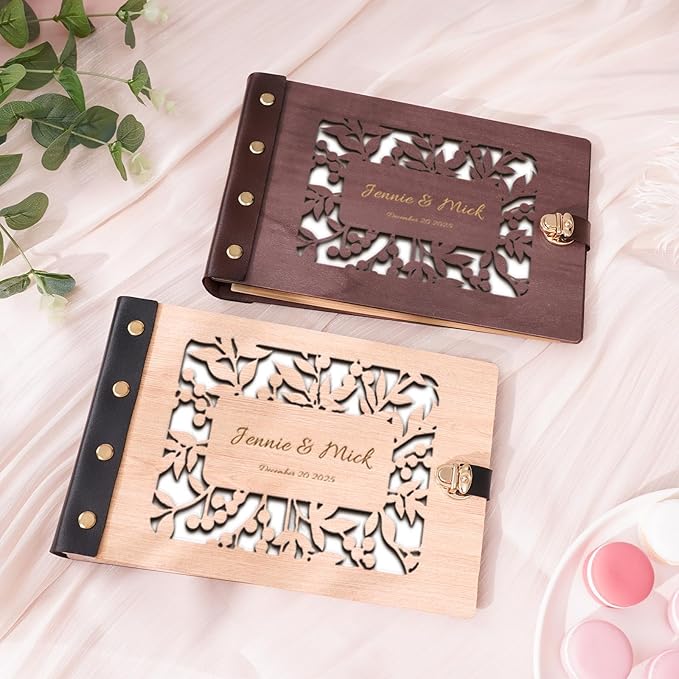 Custom Wedding Scrapbook Album, Personalized Wooden Wedding Photo Albums Hollow Carved Flowers and Engraved Names, Couples Scrapbook Anniversary Memory Birthday Engagement Keepsake Gifts