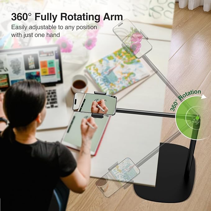 elitehood Floor Phone Stand Overhead Video Recording, 360 Degrees Swivel Tilt Adjustable iPhone Stand for Bed, Chair, Desk, Floor Phone Holder Compatible with iPhone 15, 14, 13, 12, Android Phone