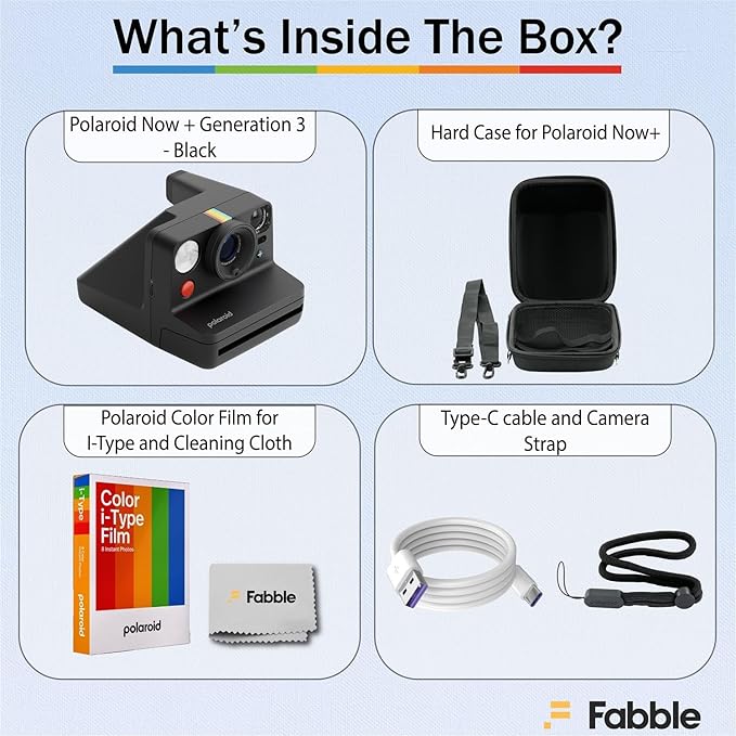 Polaroid Now+ Generation 3 I-Type Instant Film Camera (Black) Bundle with Polaroid Color I-Type Film (8 Exposures), Hard Protective Case and USB-C 6 ft. Cable