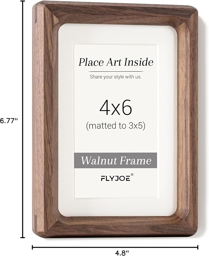 4x6 Picture Frame, USA-Sourced Natural Walnut Wood Photo Frame with Tempered Glass, Handcrafted Rounded Corner 4 x 6 Wooden Frame Matted to 3.5x5 Photos, Wall or Tabletop Display