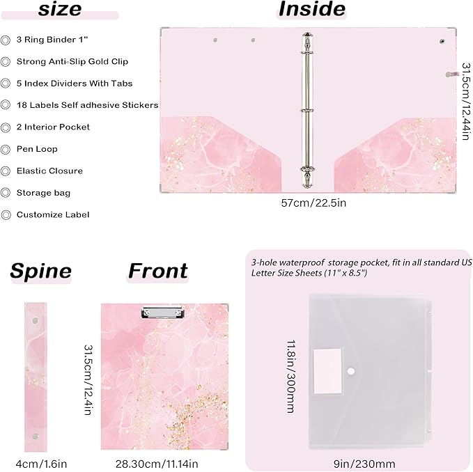 Etzul 3 Ring Binder 1 inch with Clipboard - Pink & Gold Marble Design, Includes Dividers, File Bag & Spine Label - Stylish and Durable for Everyday Use, Holographic Waterproof Film