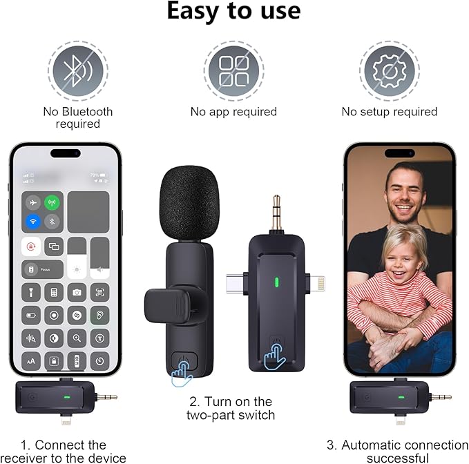 Wireless Lavalier Microphone for iPhone/Android Phones/Cameras/Computers - A 4-in-1 Portable lavalier Microphone Suitable for Video Recording, Audio Recording, vlogging, TikTok, etc., in Black