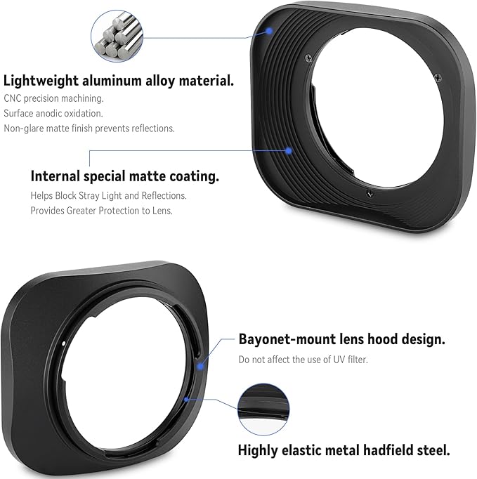 Haoge LH-ZV02 Square Metal Lens Hood for Carl Zeiss Biogon T* 2/35 35mm f2 ZM, C Biogon T* 2.8/35 35mm f2.8 ZM, Planar T* 2/50 50mm f2 ZM; Voigtlander NOKTON CLASSIC 35mm f1.4 VM, 40mm f1.4 VM as LH-6