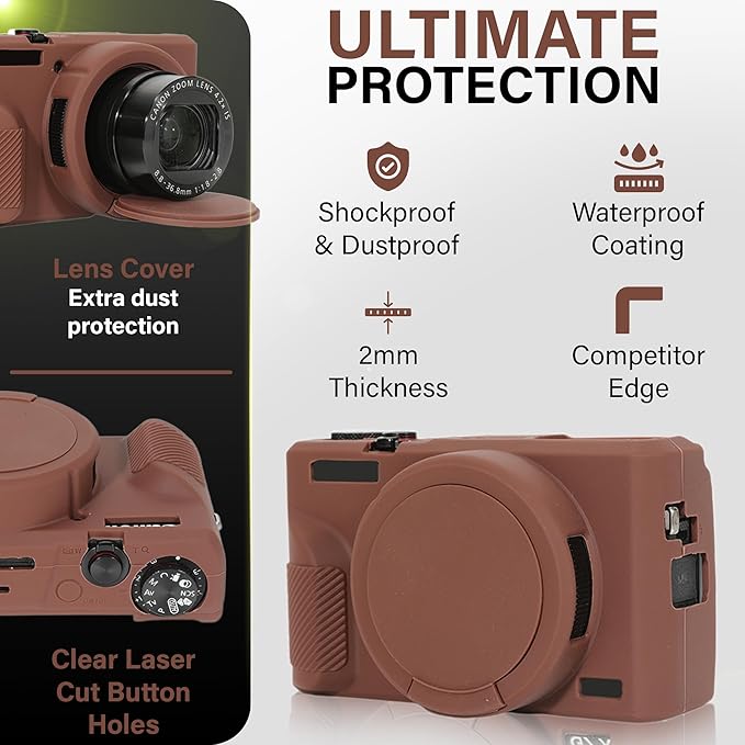 STSEETOP Camera Case for Canon PowerShot G7X Mark III - Protective Silicone DSLR Skin with Lens Cover, Detachable Cage, Shockproof, Dustproof (Brown)