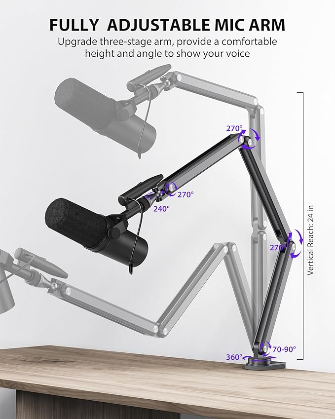 KU XIU Aluminum Alloy Boom Arm Microphone Stand for Desk, Three-Section Adjustable Mic Arm Mount with Cable Management Channels for Desktop Podcasting, Recording, Streaming, Gaming, Home Office-Gray
