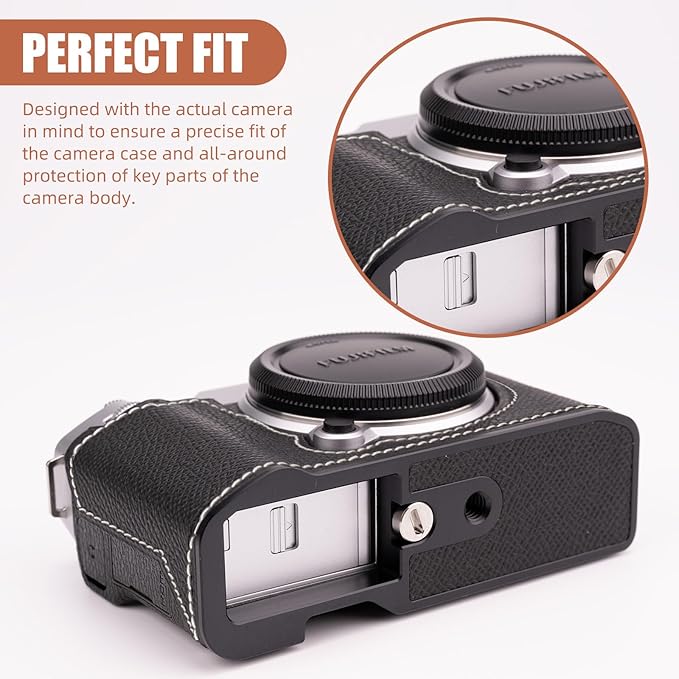 Handmade Genuine Leather Camera Half Case for Fujifilm X-M5/Fujifilm X-M5 Case - Top Layer Cowhide Body + Metal Base Plate (Black)