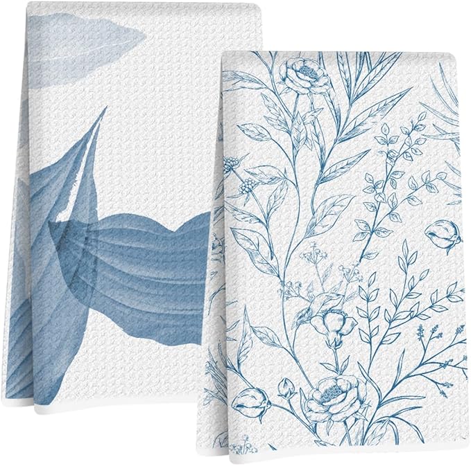 2Pcs Chinoiserie Floral Kitchen Towels 24x14 Inch, Minimalist Blue Leaves Watercolor Hand Towels for Kitchen Home Decor, White Absorbent Dish Cloth Tea Towel, Home Gifts for Women Mom Grandma