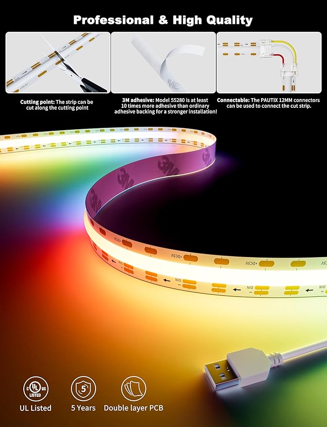 PAUTIX RGB Smart IC USB LED Light,5V RGB COB LED Strip USB Powered,UL-Listed Multicolor Flexible Tape Light 6.56ft/2m with Music Mode/APP Control,for TV,Scooter,Computer Desk Decor