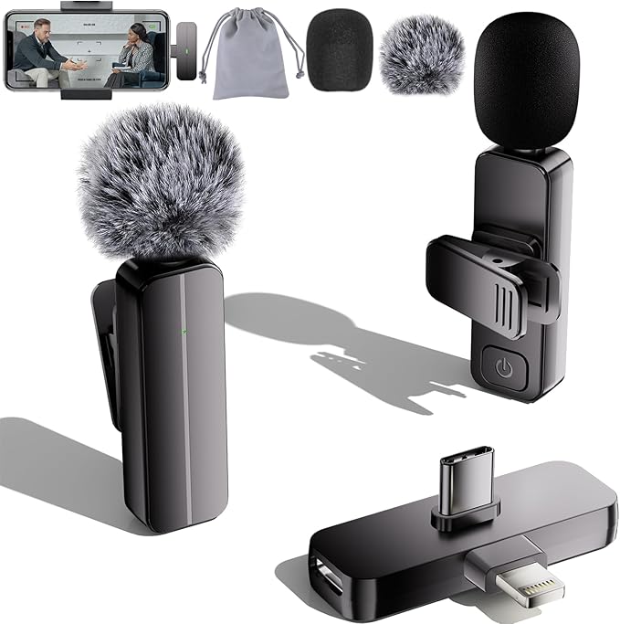 2 Pack Wireless Mini Lavalier Lapel Microphone for iPhone,Android Phone(2 in 1) - 65ft Cordless Clip on Dual Mics with Noise Reduction 6H Working Time for Video Recording Vlogging, YouTube,(Black)
