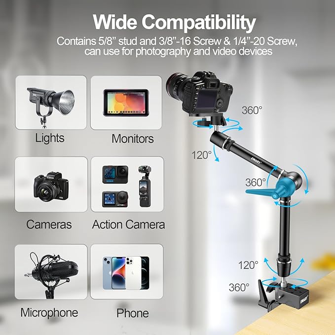 EMART 20" Heavy Duty Magic Arm Camera Mount with Super Clamp and Platform, Camera Mounts & Clamps with 360° Dual Ball Head, 1/4" & 3/8" Screw and 5/8" Stud Adapter for Flash/LED Light, Monitor,Softbox
