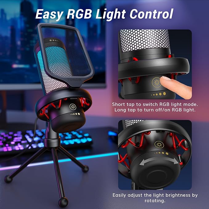 TONOR Gaming Microphone Set, USB Condenser Mic for PC with Stand, Controllable RGB, Quick Mute, Volume Control, for Twitch Streaming, Discord Chatting, 200 cm/78inch Cable, Desktop Stand TC310