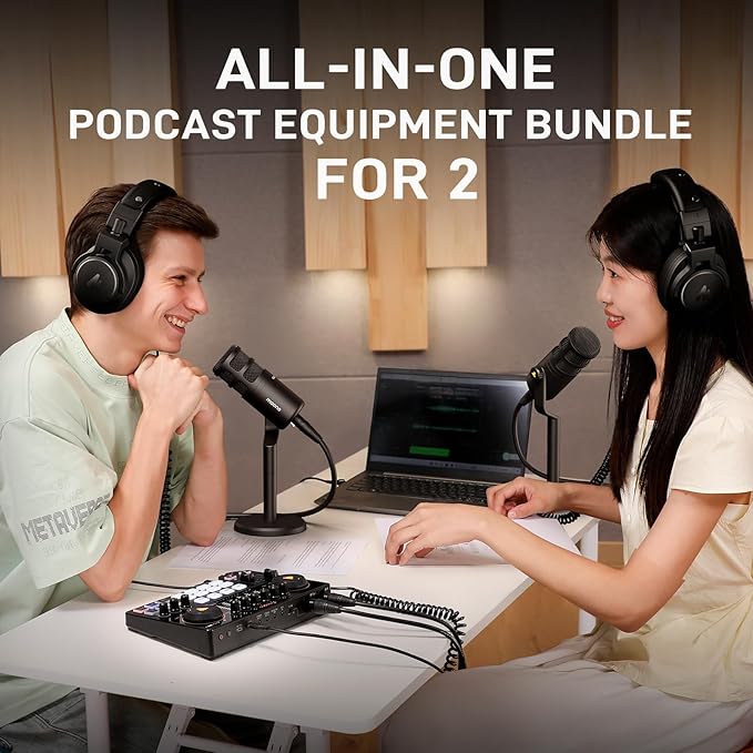 MAONO Podcast Equipment Bundle for 2: Audio Interface Mixer with 2 XLR Dynamic Mic and 2 Headphone Podcast Streaming MaonoCaster E2 Gen2+2*PD100+2*MH700