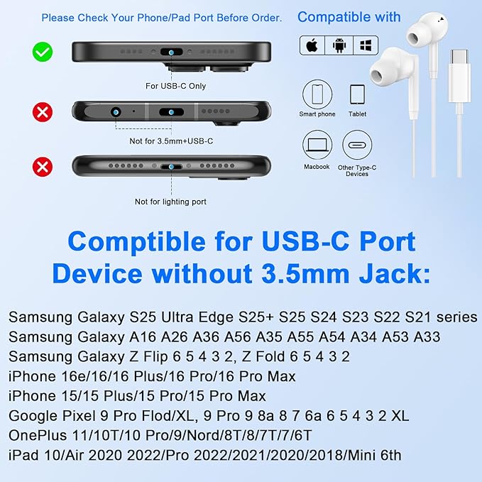 USB C Wired Earbuds Ear Buds for iPhone 17 16 Pro Max 16e 16 Plus 16Pro 15 Pro Max 15 Plus 15Pro 15 USBC in-Ear Headphones Wired Type C iPhone 16 Earbud Earphones Headsets with Microphone for Samsung