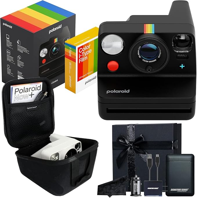 Polaroid Now+ 3rd Generation Bluetooth i-Type Instant Camera with 16 Color Film Photos, Black | App Controlled with Signature Series Gift Bundle