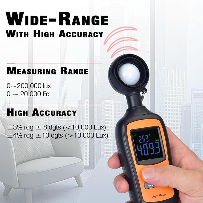 Handheld Digital Light Meter,4 Digit Color Screen Illuminance Meter with Ambient Temperature Measurer,Range up to 200,000 Lux Luxmeter,for Photography Plants Lighting Intensity Brightness Measurement