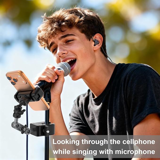 Mic Stand Phone Holder,2-Stage Magic Arm Super Clamp Phone Clip for Microphone Stand, Flexible Adjustable iPhone Music Stands Mount for iPhone17 16 15 14 13 12 11 Galaxy Nexus LG All Smartphones