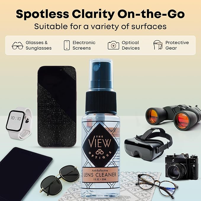 Anti-Reflective Lens Cleaner Spray Kit – (1) 1oz Glasses Cleaner Spray, (1) Microfiber Cloth for Eyeglasses, Sunglasses, Lenses, Screens and Camera Cleaning Kit (2 Piece Set)