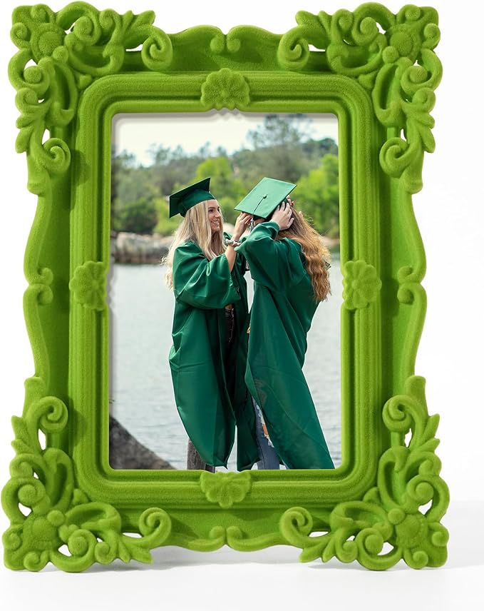 Cute Picture Frame 5x7, Green Rococo Ornate Frame for Plants Flower Art Prints Drawings, 5 by 7 Decorative Photo Frames with Real Glass and Stand, Gallery Home Office Decor (Lawn Green)