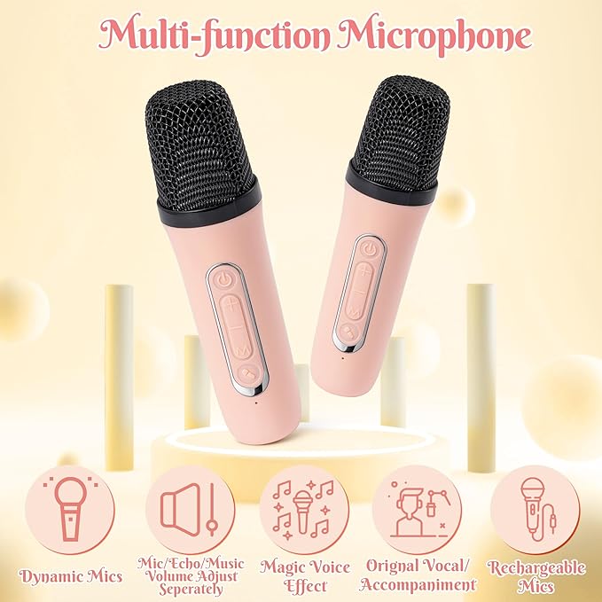 MALLMALL6 Mini Karaoke Machine with 2 Wireless Microphone for Kids Portable Bluetooth 5.3 Karaoke Mic LED Color Lights Speaker Christmas Birthday Family Home Party Toys Gift for Boys Girls Pink