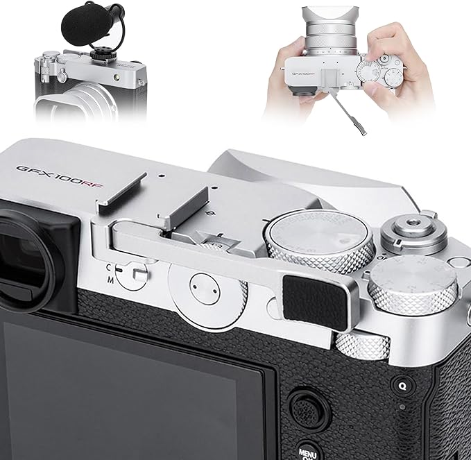 GFX100RF Thumb Grip, Metal 90° Foldable Thumb Up Grip for Fujifilm Fuji GFX100RF GFX 100RF Camera with Built-in Cold Shoe Mount, Hot Shoe Thumb Rest Support Holder Not Affect The Use of Dial -Silver