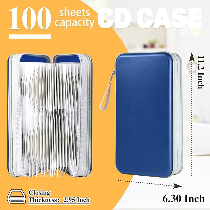 CD/DVD Cases Holder, 100 Capacity DVD Case Plastic Wallet Booklet Portable Storage Organizer Binder for Car Home Office Travel (1P Blue)