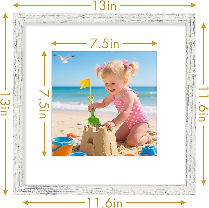 Vittanly 12x12 Picture Frame, Made of Solid Wood and Shatterproof Plexiglass, Display Pictures 8x8 with Mat or 12x12 without Mat, Wooden Photo Frame for Wall Mounting, Distressed White, 1 Pack